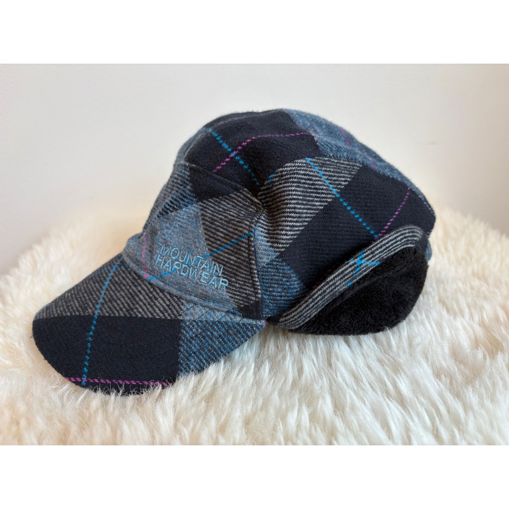Mountain Hardwear Plaid Fleece Lined Trapper Hat Ear Flaps Blue Black A-Flex Cap